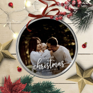Onze Eerste Kerstmis Als Familie Van 3 Elegante Fo Metalen Ornament
