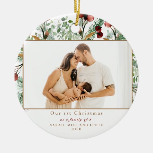 Onze eerste Kerstmis als familie van 3 foto's Keramisch Ornament (Voorkant)