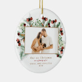 Onze eerste Kerstmis als familie van 3 foto's wit Keramisch Ornament (Rechts)