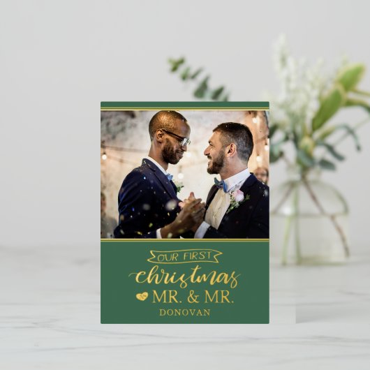 Onze eerste Kerstmis als Folie van de heer Newlywe Folie Feestdagen Briefkaart (Staand Voorkant)