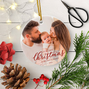 Onze eerste Kerstmis als foto van moeder en vader Keramisch Ornament