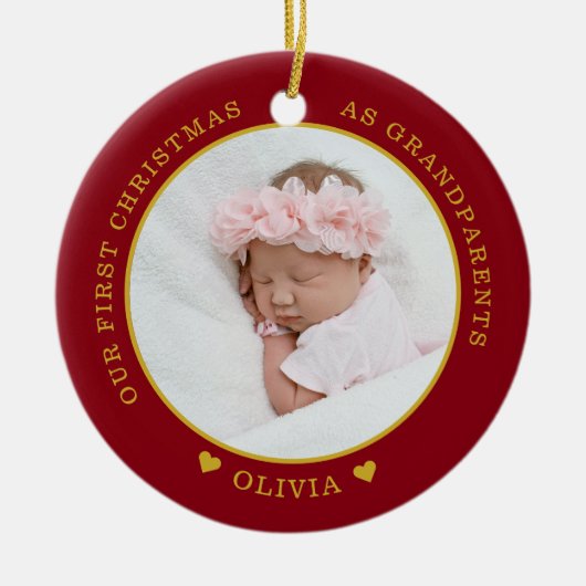 Onze Eerste Kerstmis Als Grootouders 2 Foto Rood Keramisch Ornament (Voorkant)