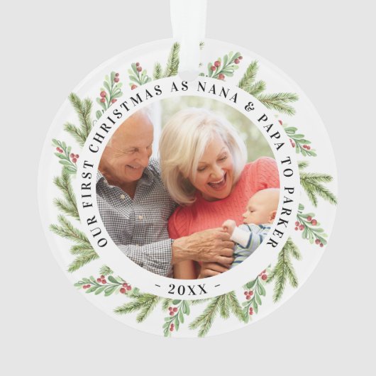 Onze eerste Kerstmis als grootouders Foto Greenery Ornament (achterkant)