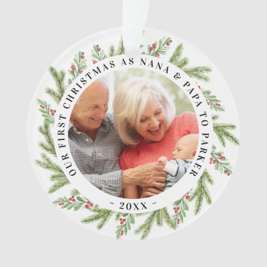 Onze eerste Kerstmis als grootouders Foto Greenery Ornament (voorkant)