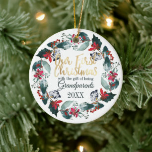 Onze eerste Kerstmis als grootouders Red Floral Keramisch Ornament