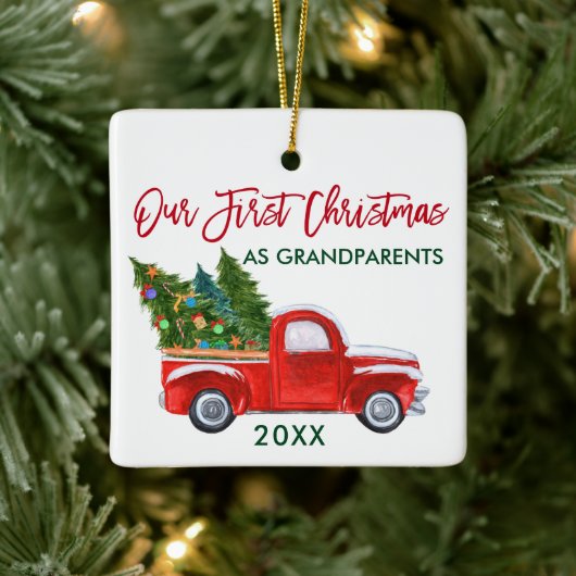 Onze eerste Kerstmis als grootouders Red Truck Keramisch Ornament (Boom)