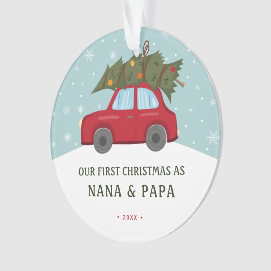 Onze eerste Kerstmis als grootouders Rode auto-boo Ornament (voorkant)