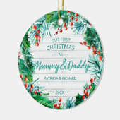 Onze eerste Kerstmis als mama en papa Rustic Wreat Keramisch Ornament (Links)