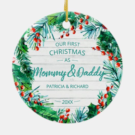 Onze eerste Kerstmis als mama en papa Rustic Wreat Keramisch Ornament (Achterkant)