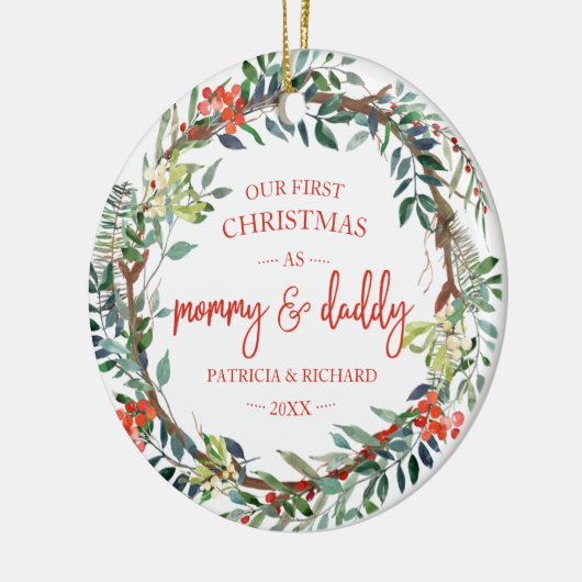 Onze eerste Kerstmis als mama en papa Rustic Wreat Keramisch Ornament (Links)