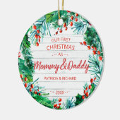 Onze eerste Kerstmis als mama en papa Rustic Wreat Keramisch Ornament (Links)