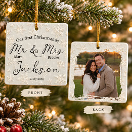 Onze Eerste Kerstmis Als Meneer En Mevrouw Foto Or Keramisch Ornament