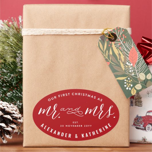 Onze Eerste Kerstmis Als Meneer En Mevrouw Vakanti Ovale Sticker (Feestdagen)