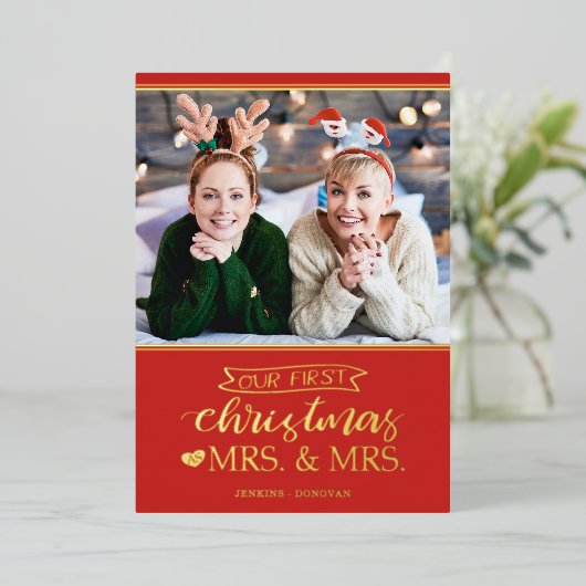 Onze eerste Kerstmis als mevrouw Lgbt Folie Feestdagenkaart (Staand Voorkant)