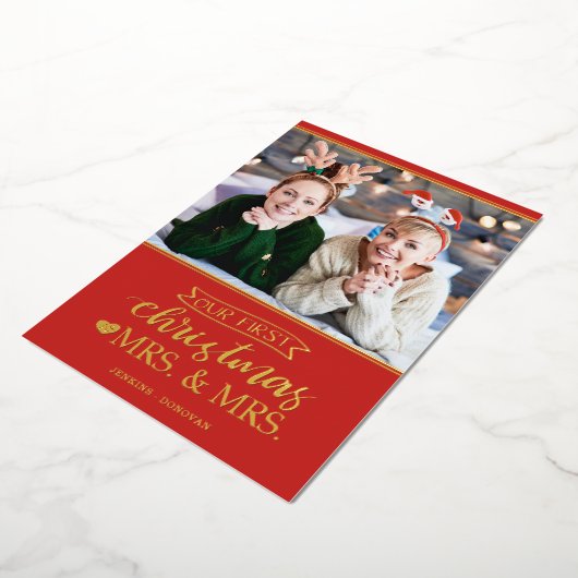 Onze eerste Kerstmis als mevrouw Lgbt Folie Feestdagenkaart (Gedraaid)