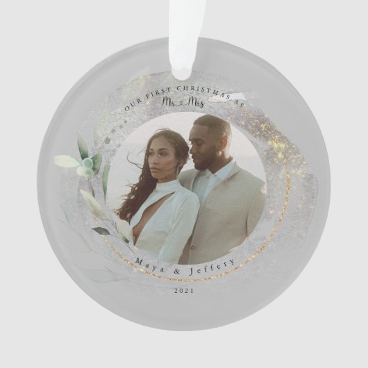 Onze Eerste Kerstmis Als Mijnheer & Mevrouw Zilver Ornament (voorkant)