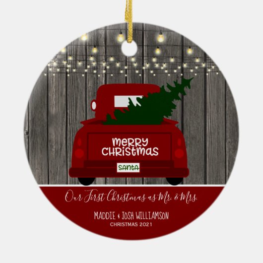 Onze eerste Kerstmis als Mr. en mevrouw  Truck Ce Keramisch Ornament (Achterkant)