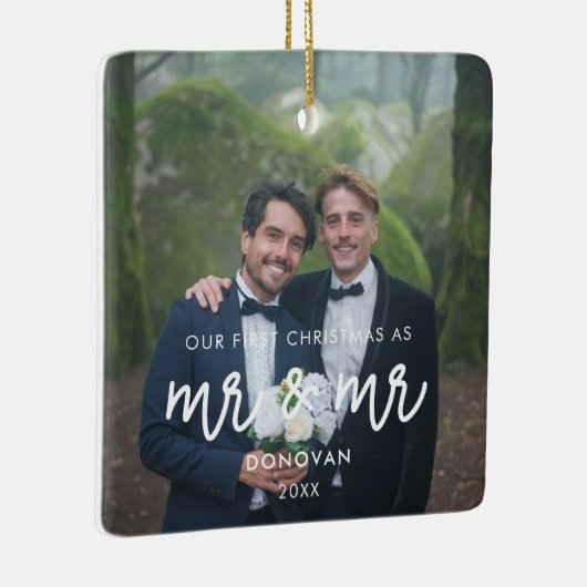 Onze eerste Kerstmis als Mr. en Mr. trouwfoto Keramisch Ornament (Rechts)
