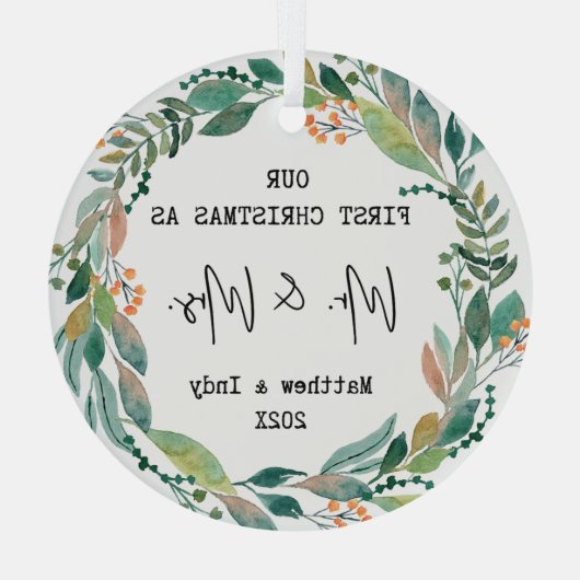 Onze Eerste Kerstmis als Mr en Mrs Floral Glas Ornament (Achterkant)