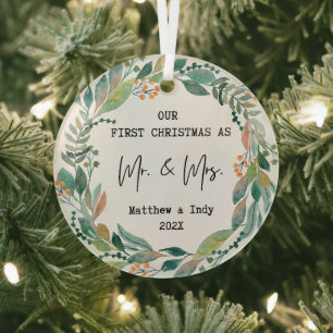 Onze Eerste Kerstmis als Mr en Mrs Floral Glas Ornament