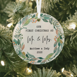 Onze Eerste Kerstmis als Mr en Mrs Floral Glas Ornament