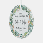 Onze Eerste Kerstmis als Mr en Mrs Floral Glas Ornament (Voorkant links)