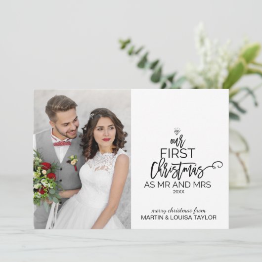 Onze eerste Kerstmis als Mr en Mrs Foto Feestdagenkaart (Staand voorkant)