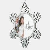 Onze eerste Kerstmis als Mr. en Mrs. Foto Holiday Tin Sneeuwvlok Ornament (Rechts)