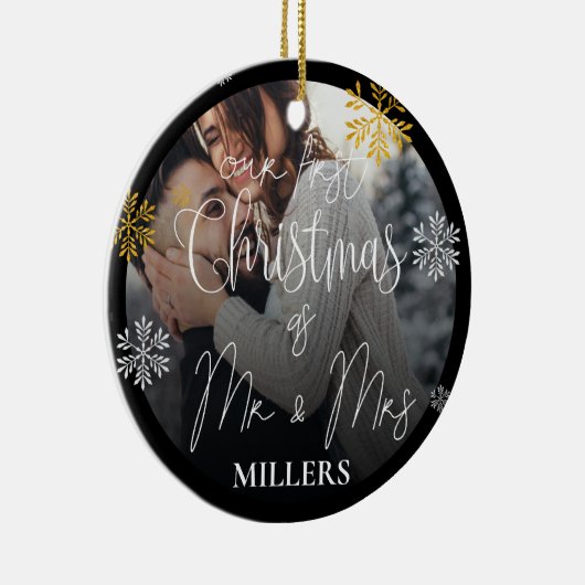 Onze eerste Kerstmis als Mr. en Mrs. Foto Kerstmis Keramisch Ornament (Rechts)