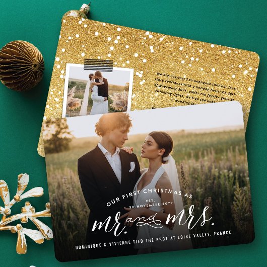Onze eerste Kerstmis als Mr. en Mrs. Foto Wedding Feestdagenkaart