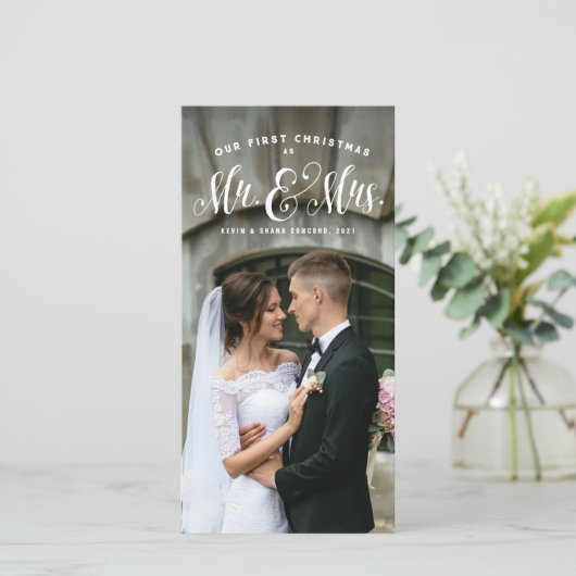 Onze eerste Kerstmis als Mr en Mrs pasgetrouwde fo Feestdagenkaart (Staand voorkant)