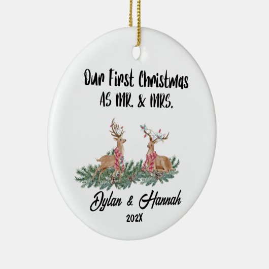 Onze Eerste Kerstmis als Mr en Mrs Personalized Keramisch Ornament (Rechts)