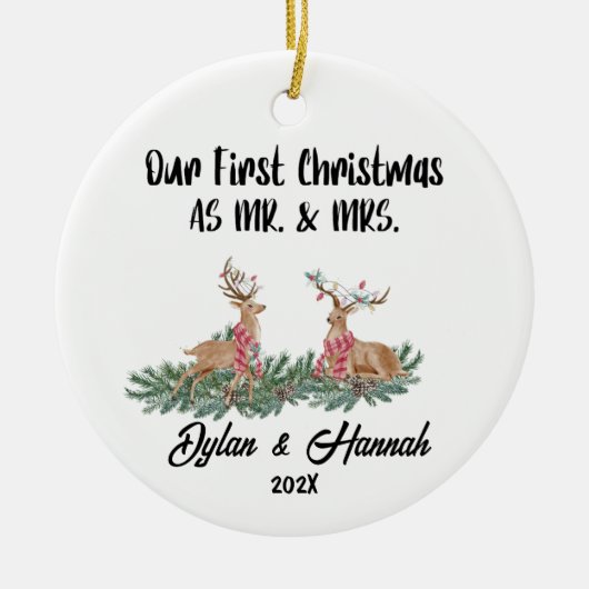 Onze Eerste Kerstmis als Mr en Mrs Personalized Keramisch Ornament (Voorkant)
