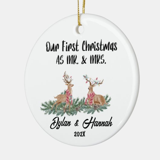 Onze Eerste Kerstmis als Mr en Mrs Personalized Keramisch Ornament (Links)