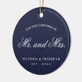 Onze eerste Kerstmis als Mr en Mrs Photo Navy Blue Keramisch Ornament (Links)