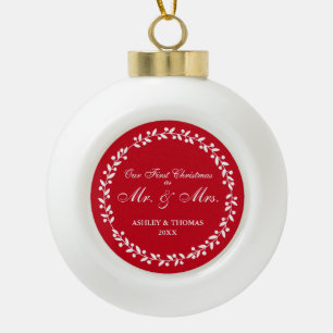 Onze eerste Kerstmis als Mr en Mrs Red Ceramic Keramische Bal Ornament