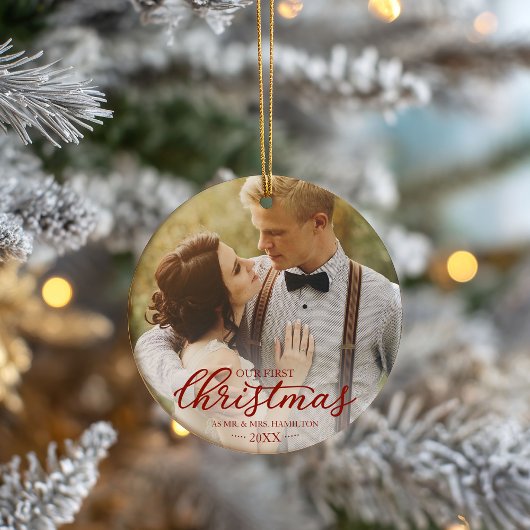 Onze eerste Kerstmis als Mr en Mrs Red Script Keramisch Ornament