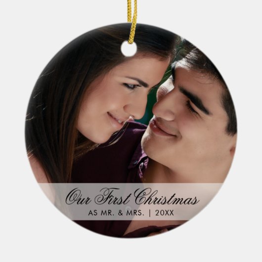 Onze eerste Kerstmis als Mr en Mrs Script Foto Keramisch Ornament (Voorkant)