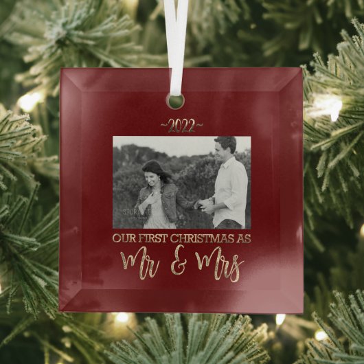 Onze eerste Kerstmis als Mr en Mrs Wedding Couple  Glas Ornament (Insitu)