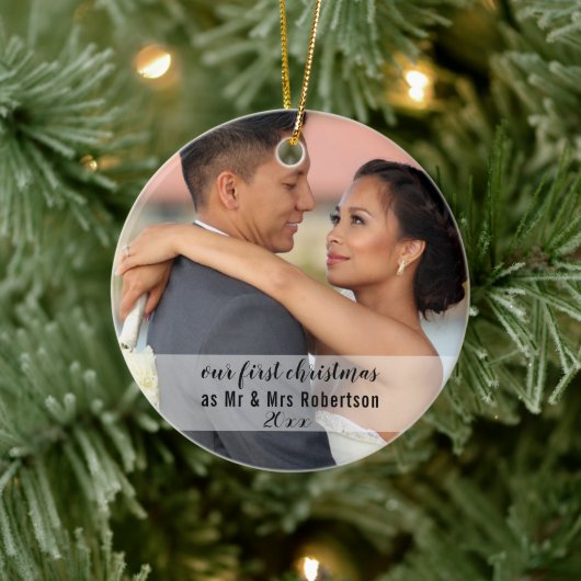 Onze eerste Kerstmis als Mr en Mrs Wedding Foto Keramisch Ornament (Boom)