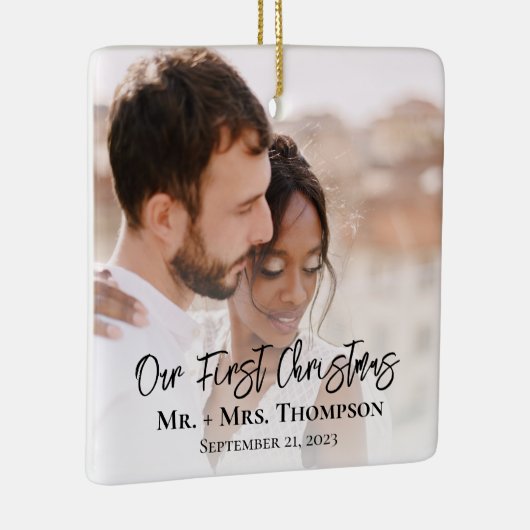 Onze eerste Kerstmis als Mr en Mrs Wedding Foto Keramisch Ornament (Rechts)