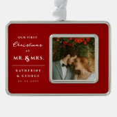 Onze eerste Kerstmis als Mr en Mrs Wedding Foto Verzilverd Omlijst Ornament (Voorkant)