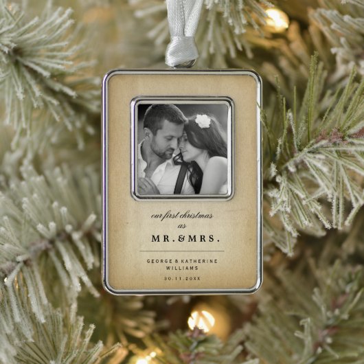 Onze eerste Kerstmis als Mr en Mrs Wedding Foto Verzilverd Omlijst Ornament (Boom)