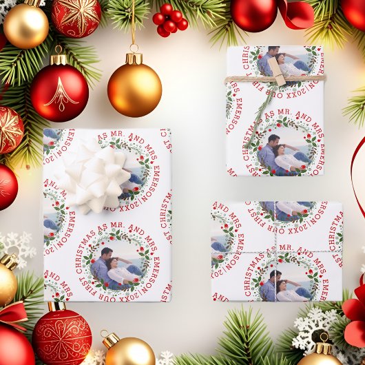 Onze eerste Kerstmis als Mr en Mrs. Wreath foto Inpakpapier Vel