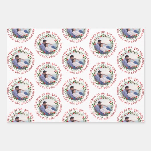 Onze eerste Kerstmis als Mr en Mrs. Wreath foto Inpakpapier Vel (Voorkant)