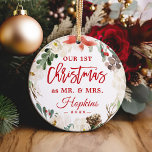 Onze eerste Kerstmis als Mr. Floral Wreath Foto Ornament<br><div class="desc">***** Vergeet niet uw favoriete foto op de achterkant te uploaden. Als u de fotoplaatsing niet nodig hebt, kunt u deze verwijderen met behulp van een ontwerptool ***** De eerste Kerstmis vieren die met dit Poinsettia Floral Wreath Photo Ornament is gehuwd. Het toevoegen van een favoriete foto en tekst aan...</div>