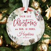 Onze eerste Kerstmis als Mr. Floral Wreath Foto Ornament