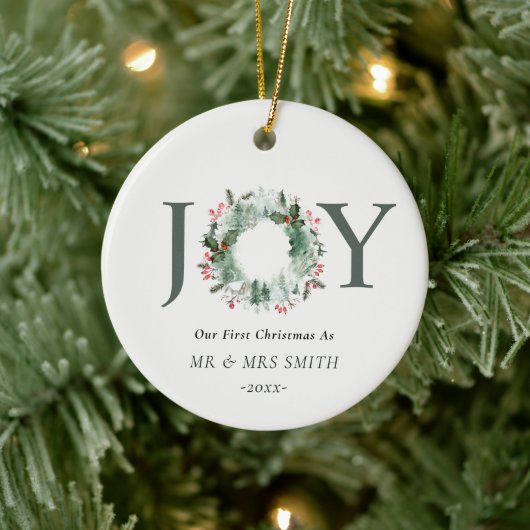 Onze eerste Kerstmis als Mr. Joy Wreath Foto Keramisch Ornament (Boom)