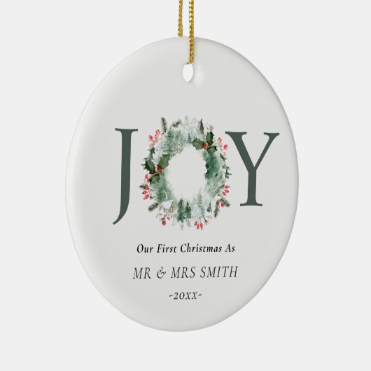 Onze eerste Kerstmis als Mr. Joy Wreath Foto Keramisch Ornament (Rechts)