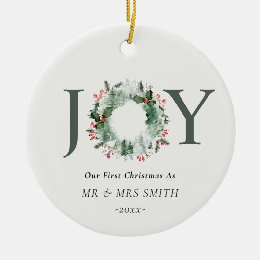 Onze eerste Kerstmis als Mr. Joy Wreath Foto Keramisch Ornament (Voorkant)